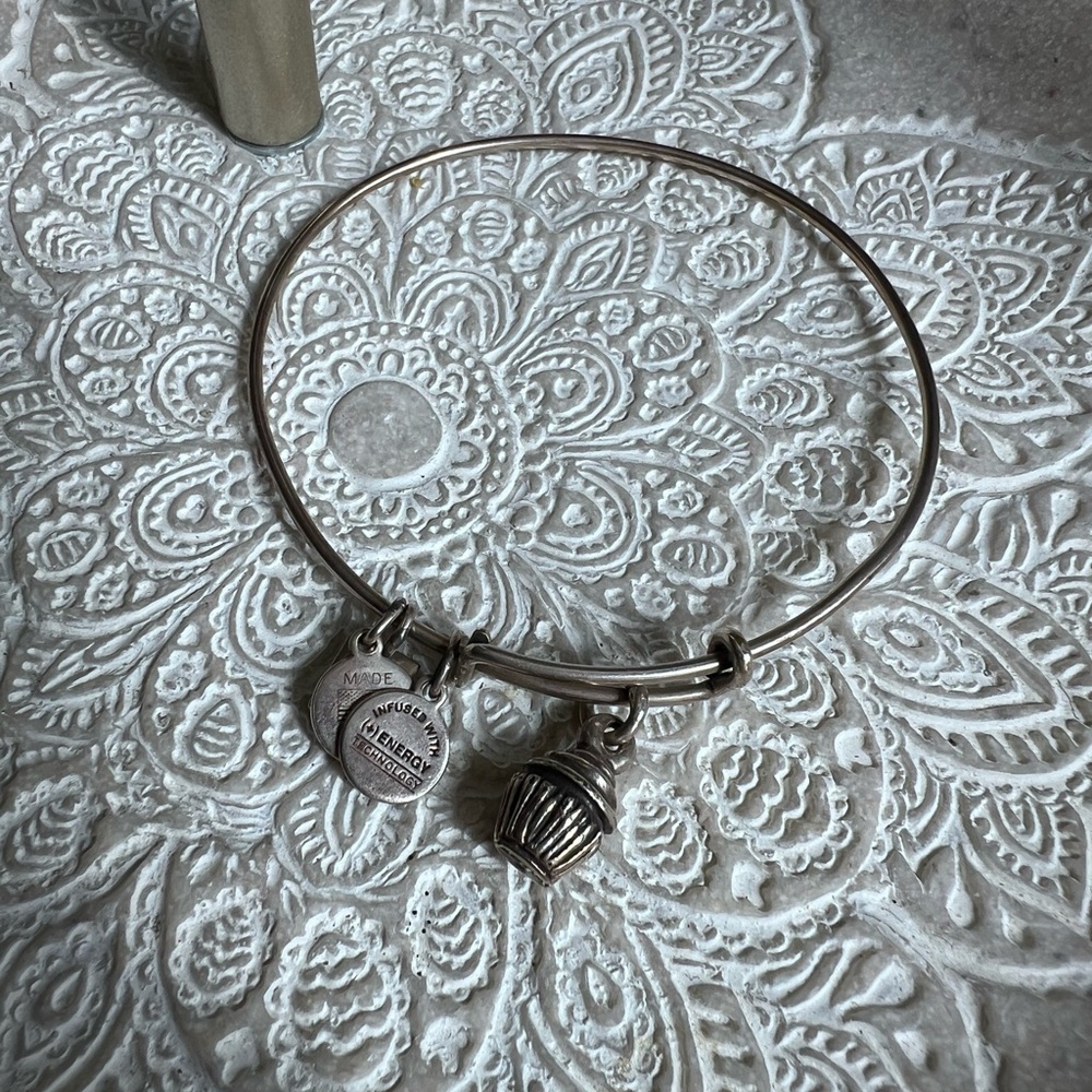 Alex and Ani Cupcake Charm Bangle Bracelet – Adjustable Silver Tone